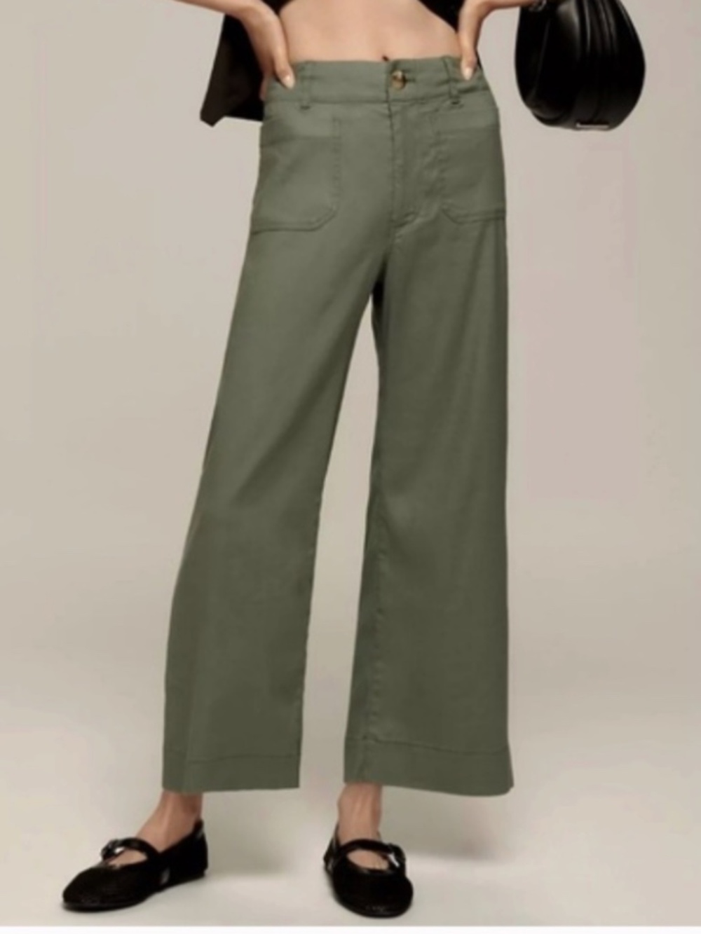 Anthropologie MAEVE The Colette Green Wide Leg Cropped Hi Rise Pants 26 Petite